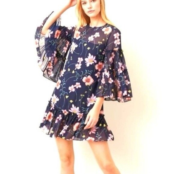 Eliza J Navy Pink Floral Dress Oversized Ruffle Flare Sleeves Women’s 4 - Picture 1 of 13